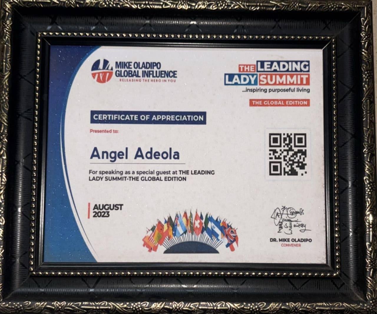 Certificate of Appreciation for speaking at the Leading Lady Summit- The Global Edition.